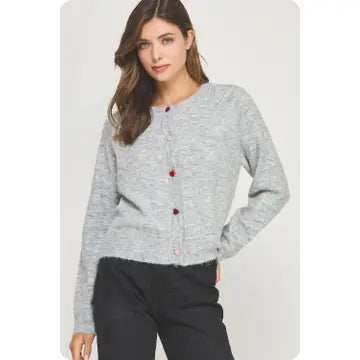Multi Color Heart Button Cardigan Grey - Clothe Boutique