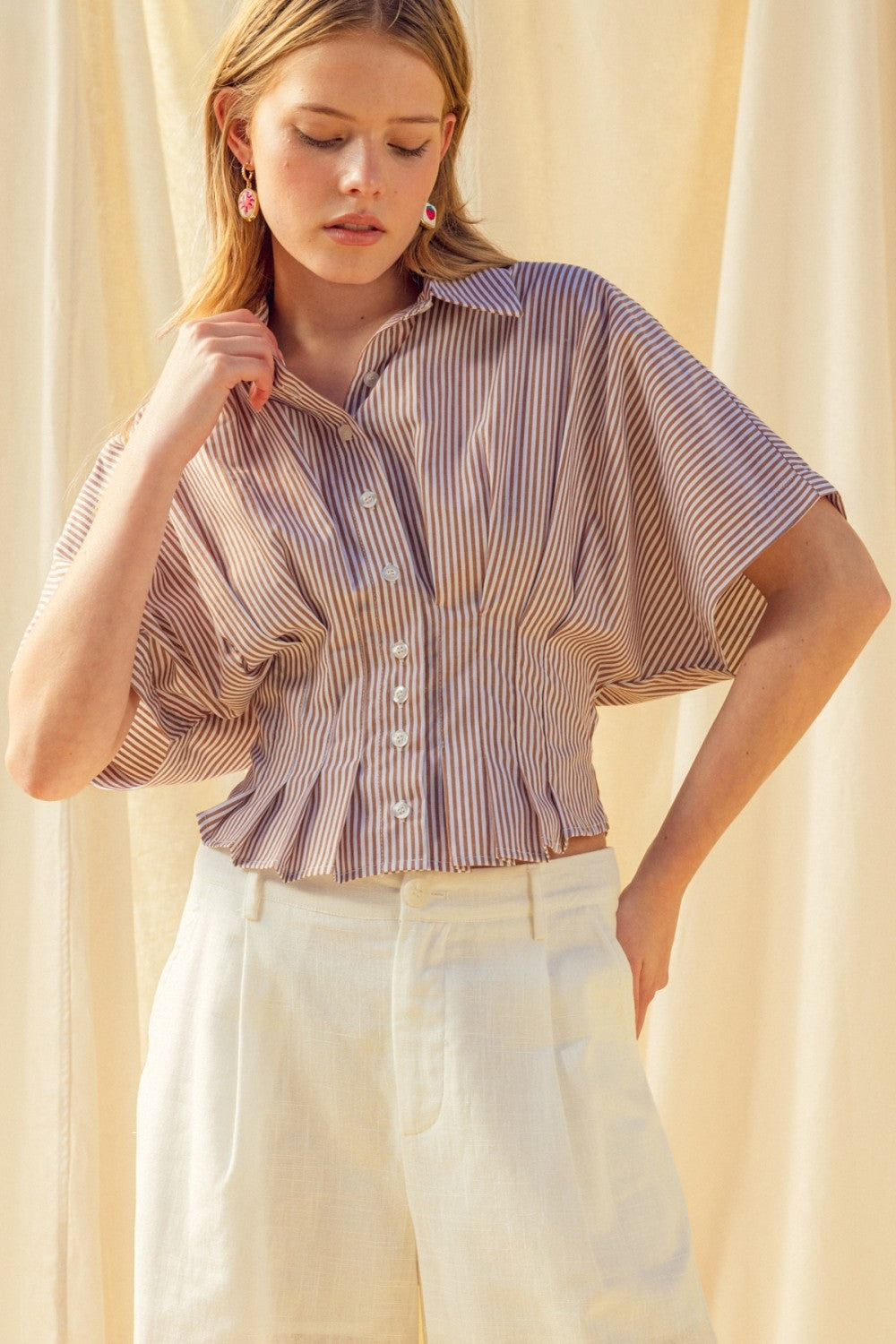 Pinstripe Peplum Shirt Brown - Clothe Boutique
