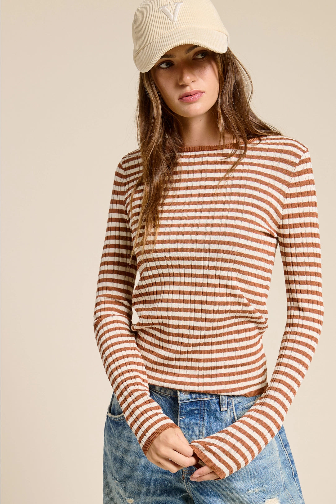 Bre Striped Knit Top Camel