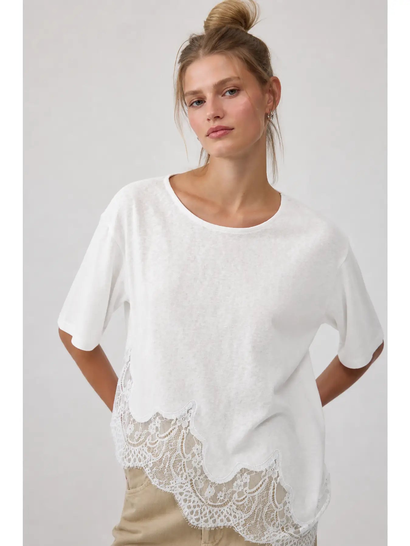 Slub Lace Hem Tee White
