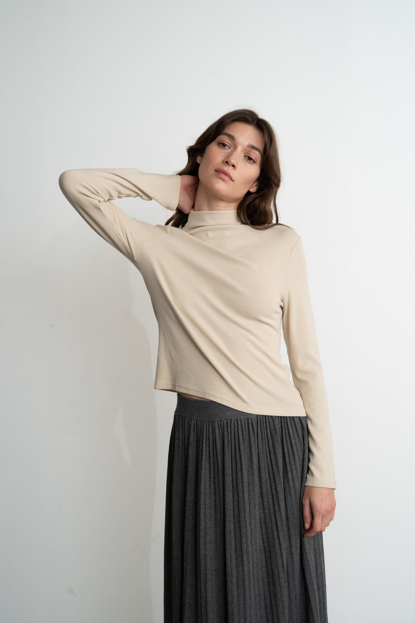 Fitted Mock Neck Top Sand