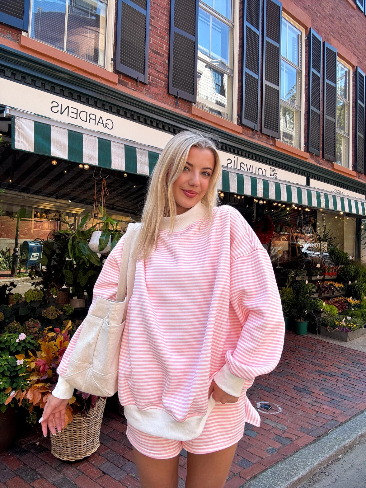 Pink/White Stripe Mock Neck Pullover - Clothe Boutique