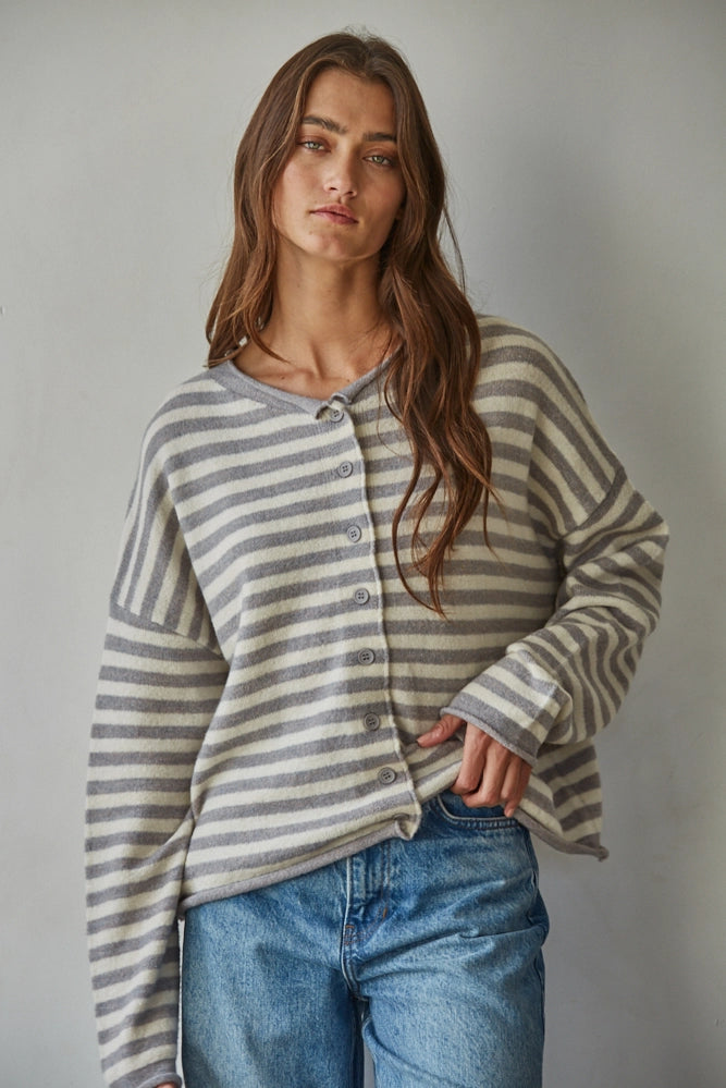 Grey Stripe Cardigan - Clothe Boutique