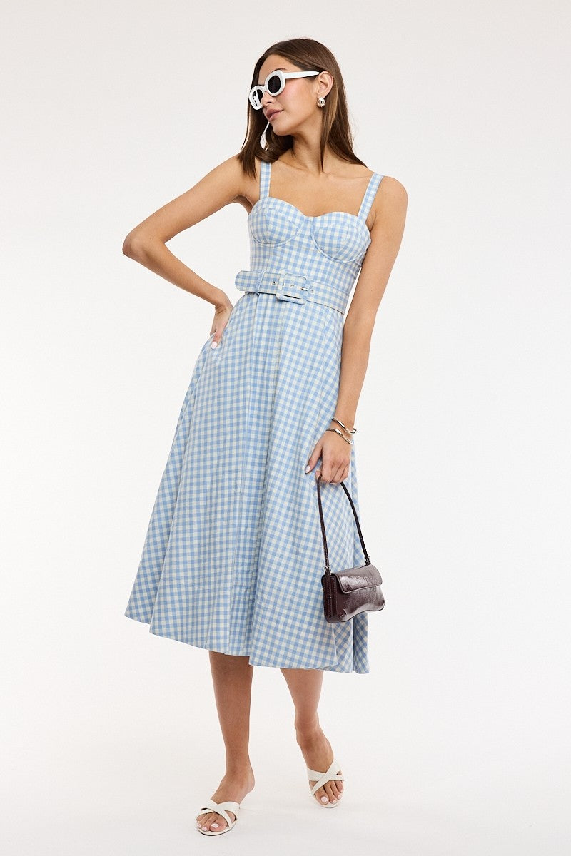 Gingham Checker Waist Belt Midi Dress Blue - Clothe Boutique