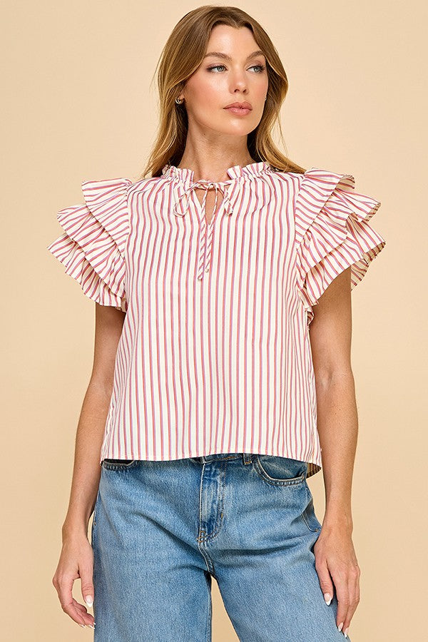 Striped Blouse w/ Frill Sleeve