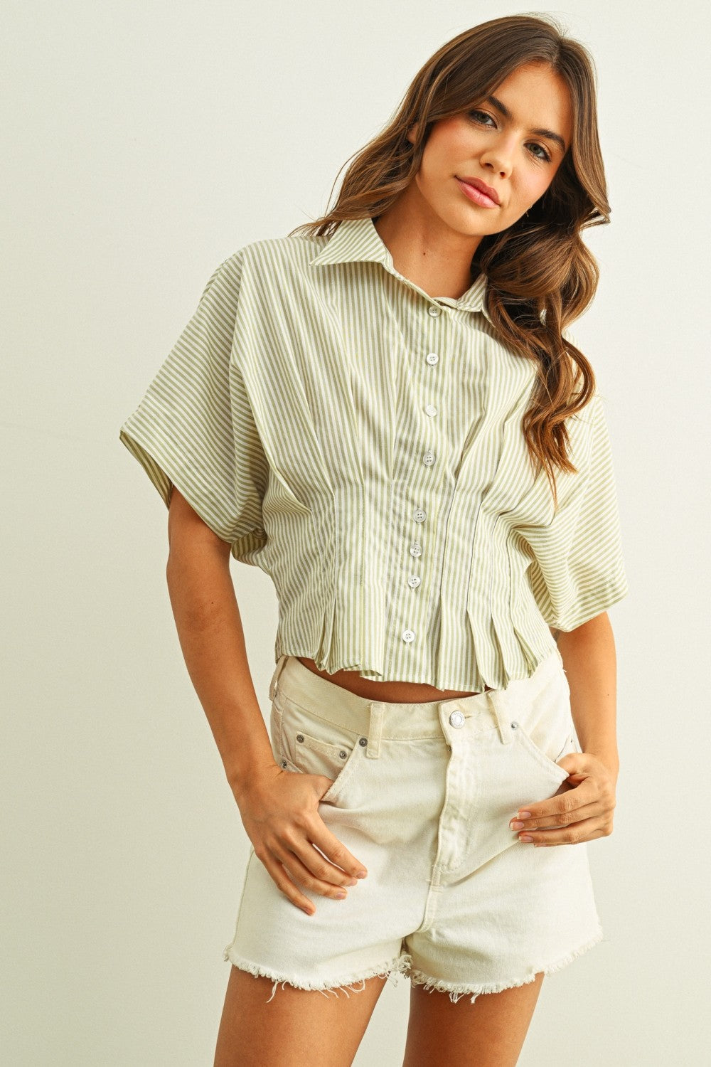 Pinstripe Peplum Shirt Sage - Clothe Boutique