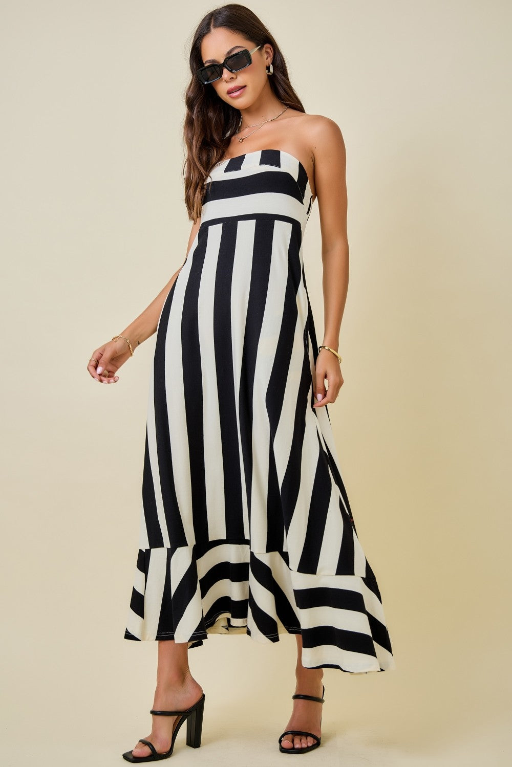 Mixed Stripe Maxi Dress w/ Ruffle