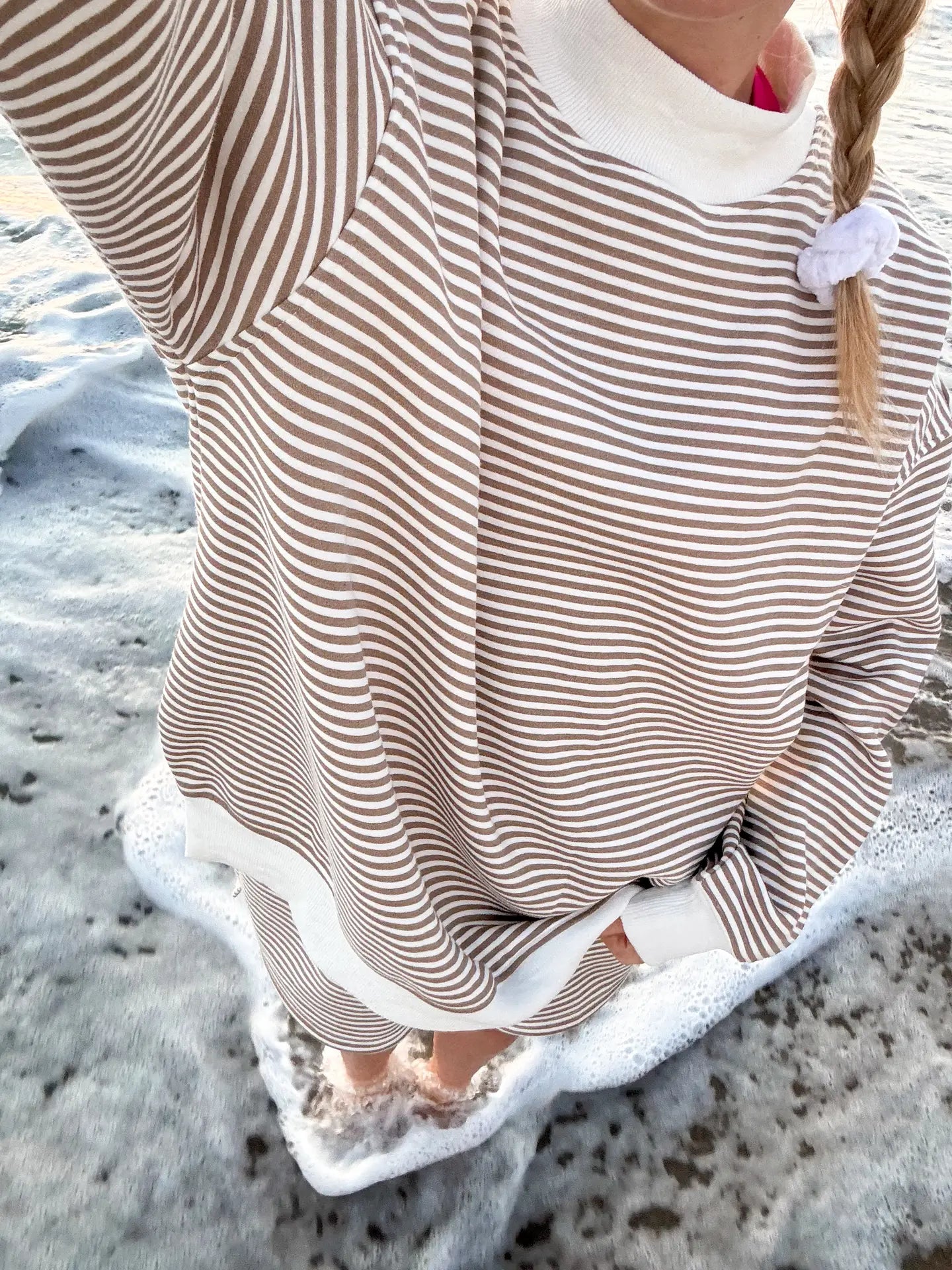 Brown/White Stripe Mock Neck Pullover
