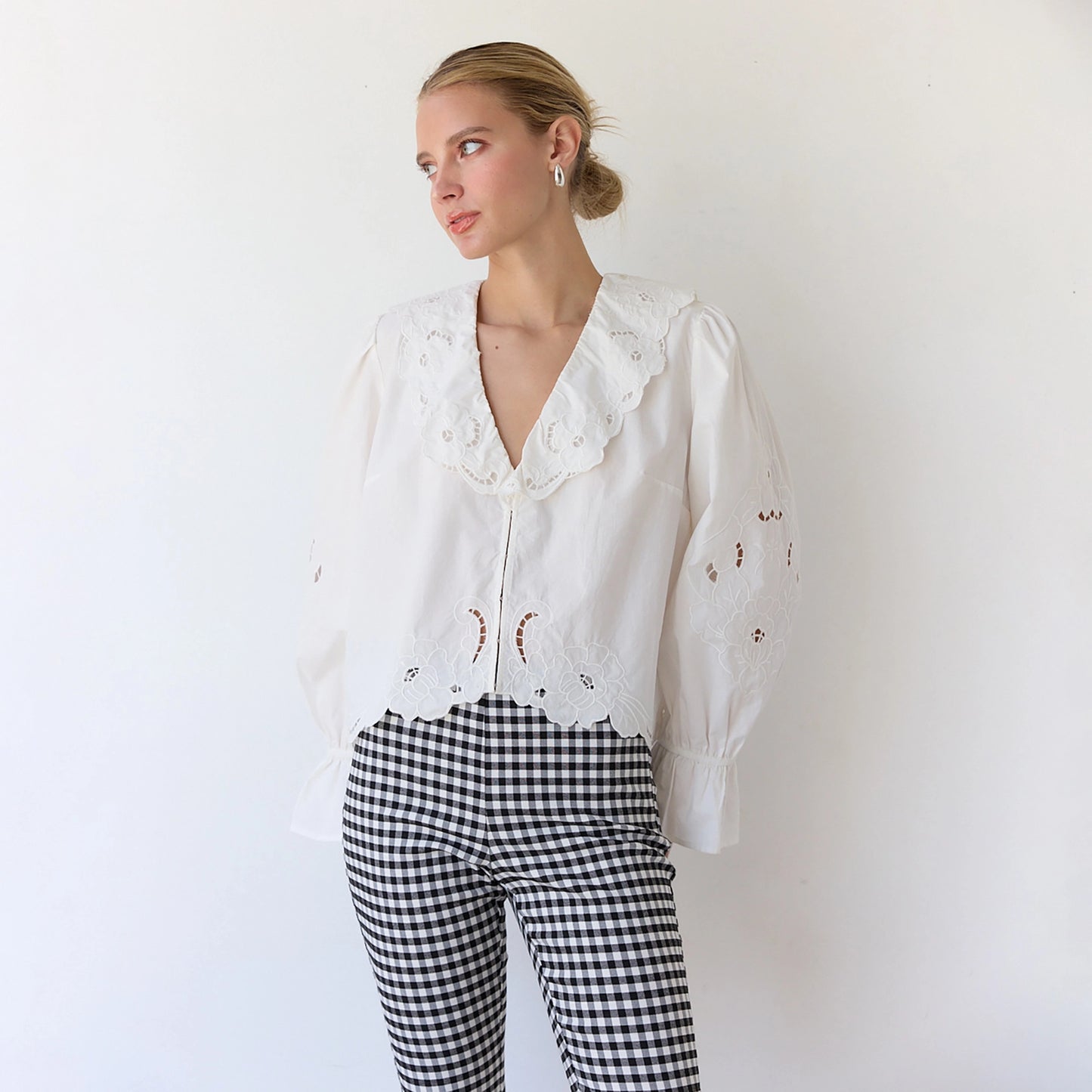 White Embroidered Ruffle Blouse