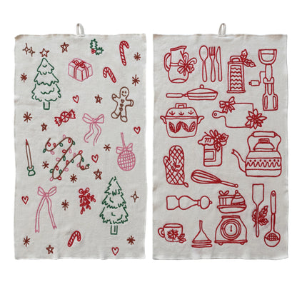 Embroidered Holiday Image Tea Towel